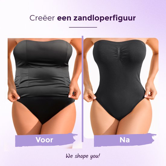 Voor en na foto van een zwarte strapless body die een zandloperfiguur creëert.