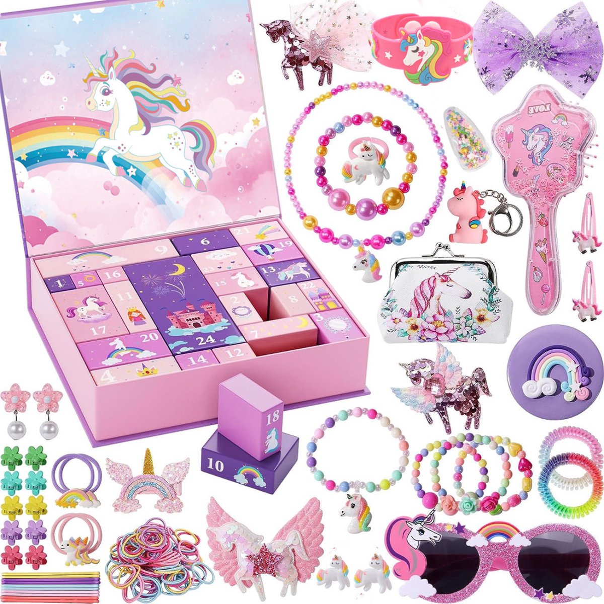 Eenhoorn Sieraden Knutselset Meisjes – 24 Cadeaus & Haaraccessoires – Adventskalender 2026 – Speelgoed & Kerstcadeau