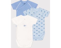 Petit Bateau Set van 3 overslagrompertjes met korte mouwen in bedrukte katoen Unisex Rompertje - Wit;Blauw