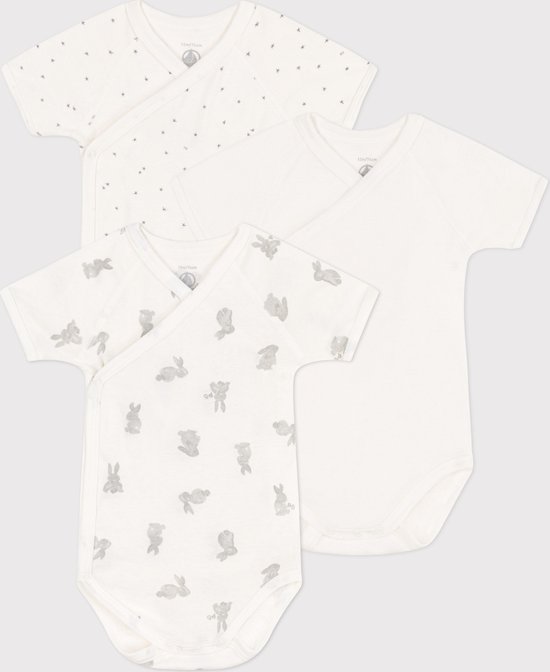 Petit Bateau Set van 3 katoenen overslagbody's met konijntjesprint en korte mouwen Unisex Rompertje - Wit;Grijs