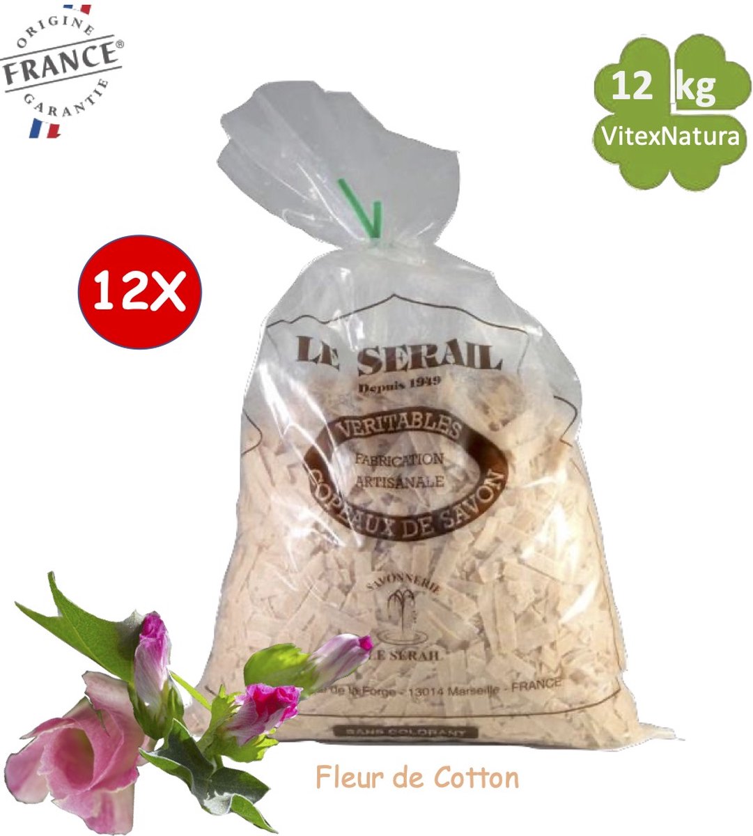 Goedkoopste Marseille zeepvlokken katoenbloesem| 12 x 1kg | Zonder conserveermiddel - zonder kleur | Le Serail