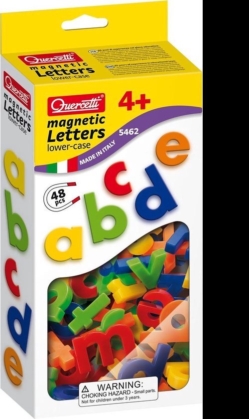 Doos met magnetische kleine letters, 48 stuks, met letters a, b, c, d, e op de voorkant.