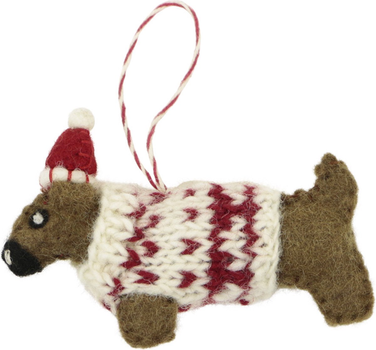 Ornament vilt kerst teckel muts/jas rood