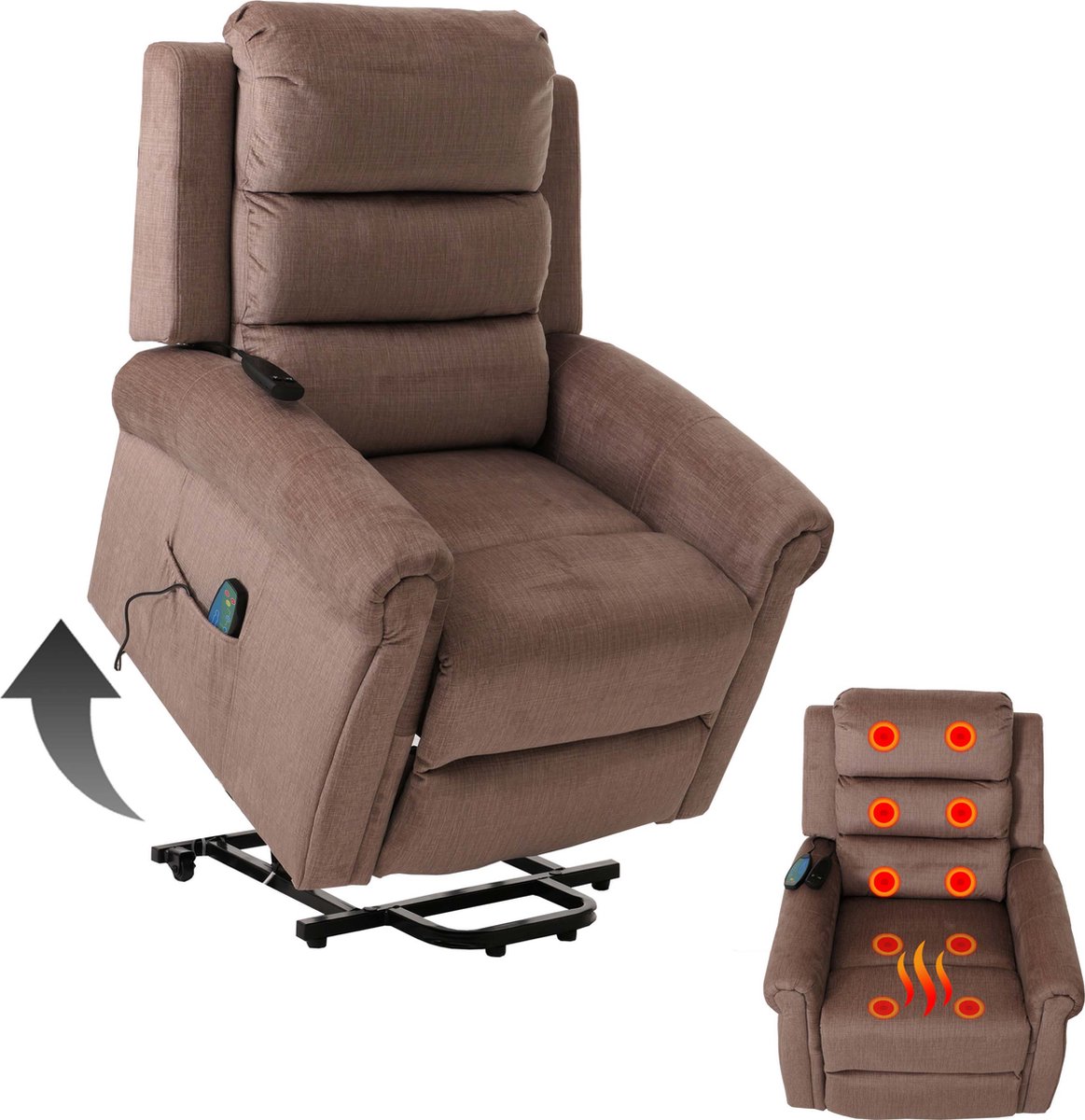 Cosmo Casa Relaxfauteuil - TV Fauteuil met Verstelbare Functie - Opstaand Hulp - Massage- en Verwarmfunctie - Chenille Stof (220g/m²) - Bruin