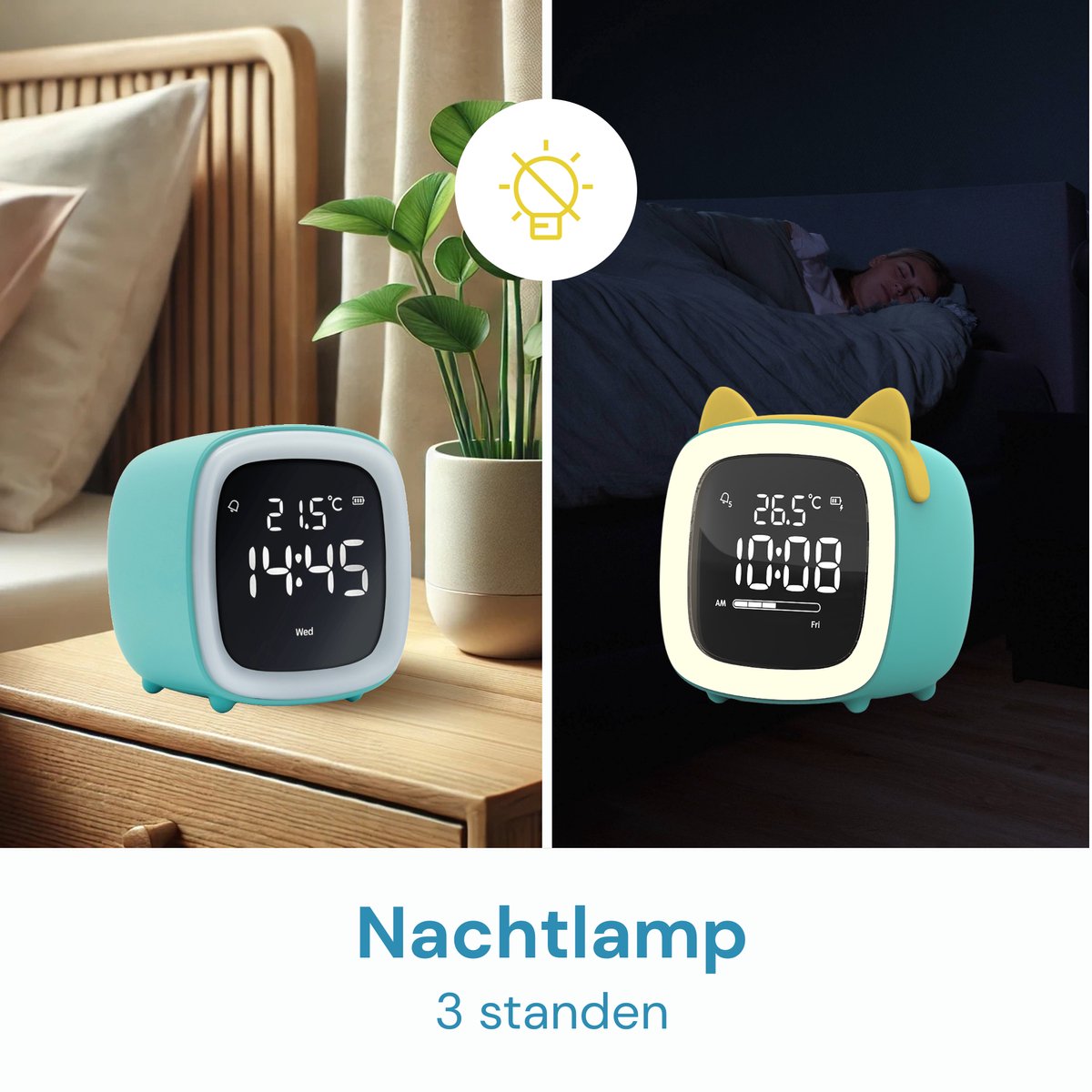 JustAnotherProduct AP18 - Oplaadbare digitale wekker met licht (3 standen) - Alarm klok met temperatuur (15.5°C tot 50°C) - 12/24h Alarm clock - Nachtlamp - Licht blauw — cadeau in Gadgets - foto 4