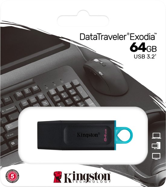 Verpakking van de Kingston DataTraveler Exodia 64GB USB 3.2 stick met toetsenbord en muis.