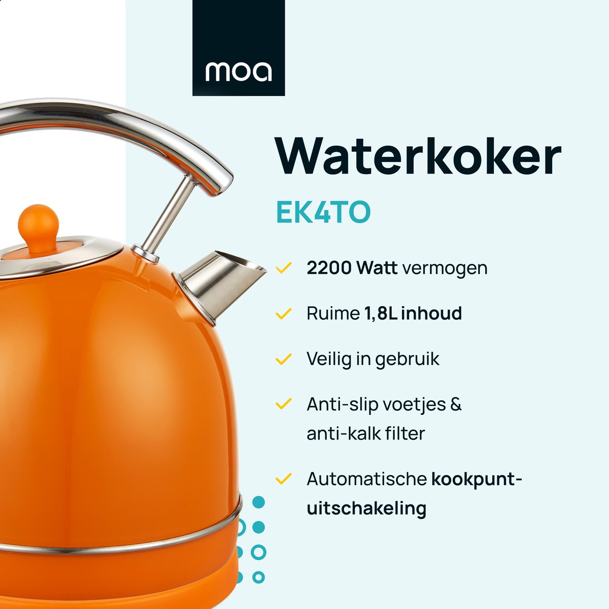 MOA Waterkoker Retro - 1,8 Liter - Elektrische Waterkoker - BPA-vrij - Anti Calcium Filter - RVS - 2200W - Oranje – foto 2