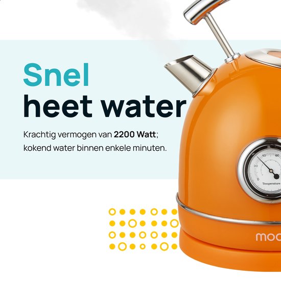 Bouilloire orange avec thermomètre et vapeur. Texte : Eau chaude rapidement.