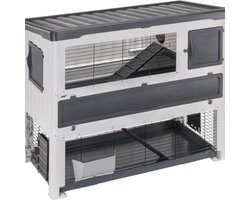 Konijnenren Groot Buitenhok met Dubbele Bodem voor Cavia's en Konijnen Kunststof Accessoires Inbegrepen Grijs L-Hok - 134 x 73 h 117 cm Konijnenren