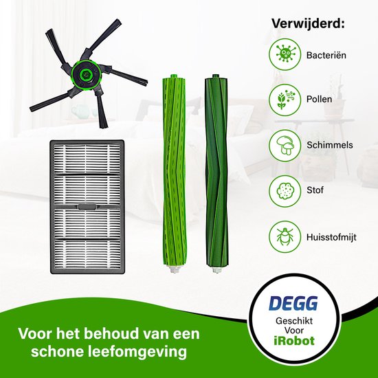 Een set onderdelen voor een iRobot Roomba, inclusief zijborstels, filters en rollen, voor een schone leefomgeving.