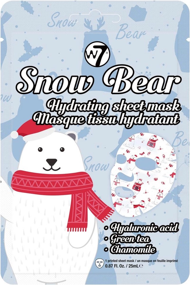 Goedkoopste W7 Snow Bear Hydrating Face Mask – Hydraterend Gezichtsmasker met Hyaluronzuur, Groene Thee en Kamille – Cruelty-Free en Vegan