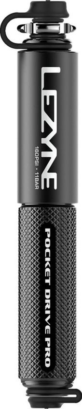 Pompe à vélo Lezyne Pocket Drive Pro noire avec manche moleté et capuchons de protection rabattables.
