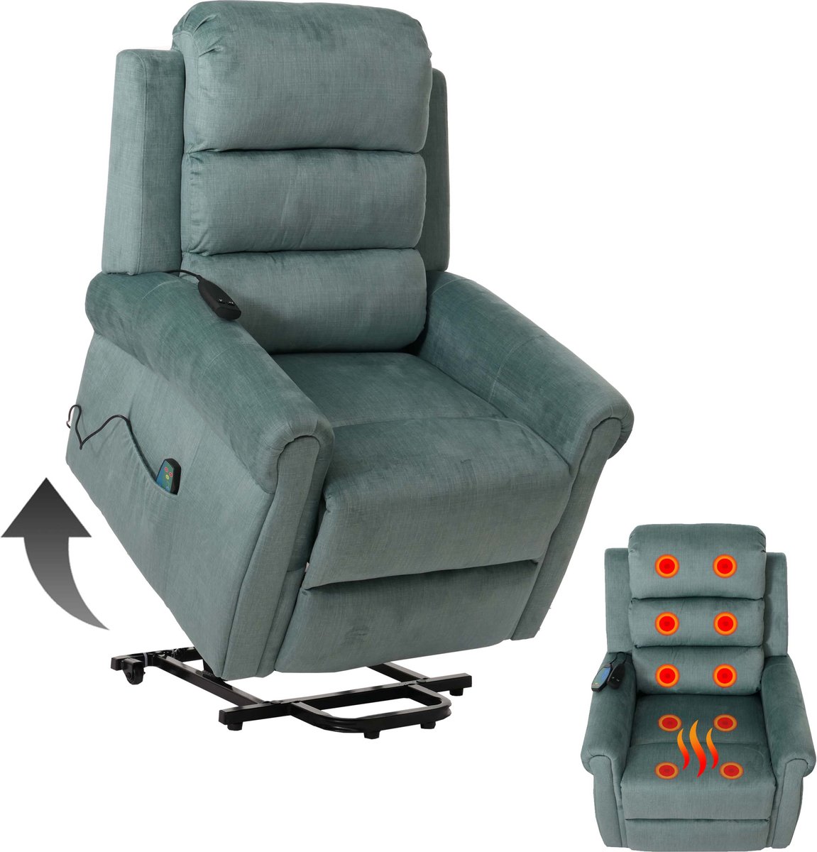 Cosmo Casa Relaxfauteuil - TV Fauteuil met Verstelbare Functie - Opstaand Hulp - Massage- en Verwarmfunctie - Chenille Stof (220g/m²) - Blauw-Groen