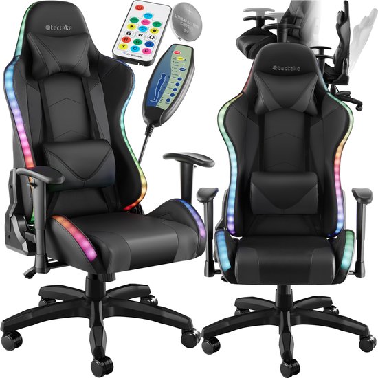 tectake® Gamingstoel met massagefunctie - Bureaustoel met LED-lichteffecten - Draaistoel voor gamers - Gamestoel - Draagvermogen tot 120kg - Zwart/Zwart