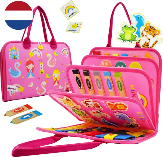 MontiPlay® Montessori Speelgoed Roze - Sensorisch Speelgoed - Activiteitenbord - Busy Board - Montessori voor thuis - Speelgoed voor onderweg - voor in de auto