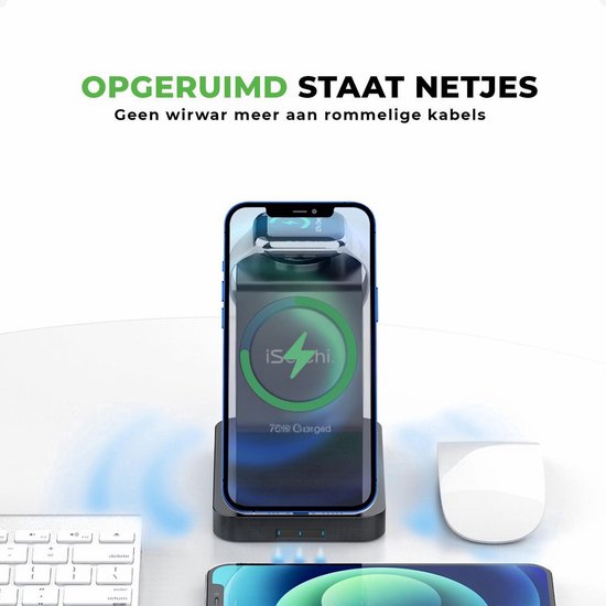 Station de charge noir avec iPhone. Le téléphone affiche 'iSetchi, 75% Charged'. Clavier et souris à côté.