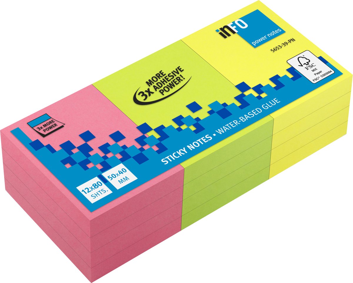 Info notes - sticky notes - Powernotes - memoblok - 12 x 80 vel - formaat 50x40mm - roze, groen, geel - IN-5653-39-PN