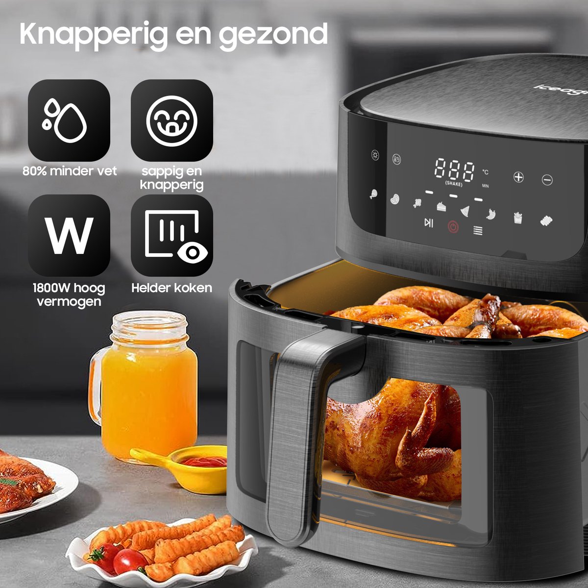 Iceagle Air Fryer 9L XXL – 2000 W olievrije friteuse met dubbele weerstand, luchtfriteuse met venster, 12-in-1, doe-het-zelffunctie, 360° metalen design, ergonomisch led-display, recepten