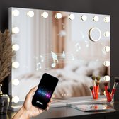 Mirlux Hollywood Spiegel 80x60CM - 2 Bluetooth Speakers - USB & USB-C Oplaadporten - LED Verlichting - Make Up Spiegel - 10x Zoom - Ophangbaar - Wit