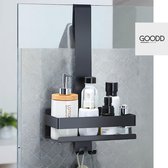 BaderiQ® Nouméa - Support de douche - NOUVEAU DESIGN 2024 - Deux couches de revêtement en poudre - Inox - anti-rayures - noir - 4 crochets faciles pour un essuie-glace - Bords hauts - Ventouses pour coulissement et protection du verre