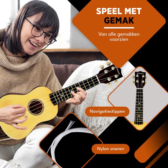 Vrouw met bril speelt op een naturel Finesse ukulele. "Speel met gemak". Nylon snaren.
