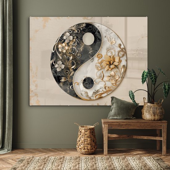 MuchoWow® Tableau sur verre 160x120 cm - Tableau sur verre acrylique - Yin Yang - Fleurs - Zwart - Wit - Vintage - Photo sur verre - Décoration murale salon - Décoration murale chambre - Peintures