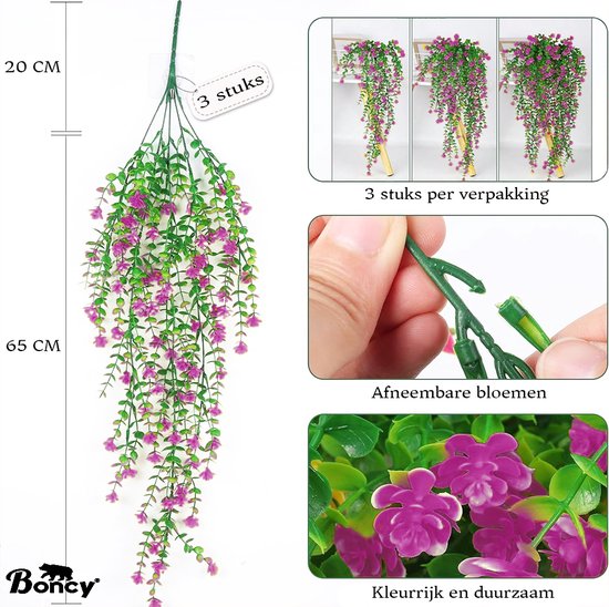Kunstplant met roze bloemen en groene bladeren, afmetingen 20 cm en 65 cm. Toont 3 stuks, afneembare bloemen en kleurrijk/duurzaam.