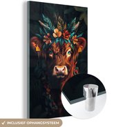 MuchoWow® Glasschilderij 80x120 cm - Schilderij acrylglas - Schotse Hooglander - Bloemen - Bladeren - Foto op glas - Muurdecoratie woonkamer - Wanddecoratie slaapkamer - Schilderijen