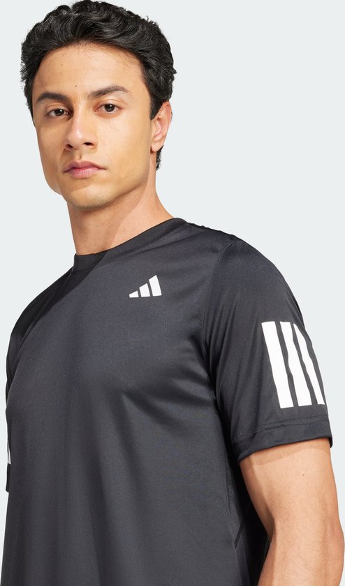 Zwart adidas sportshirt voor heren met 3-strepen op de mouwen, zijaanzicht.