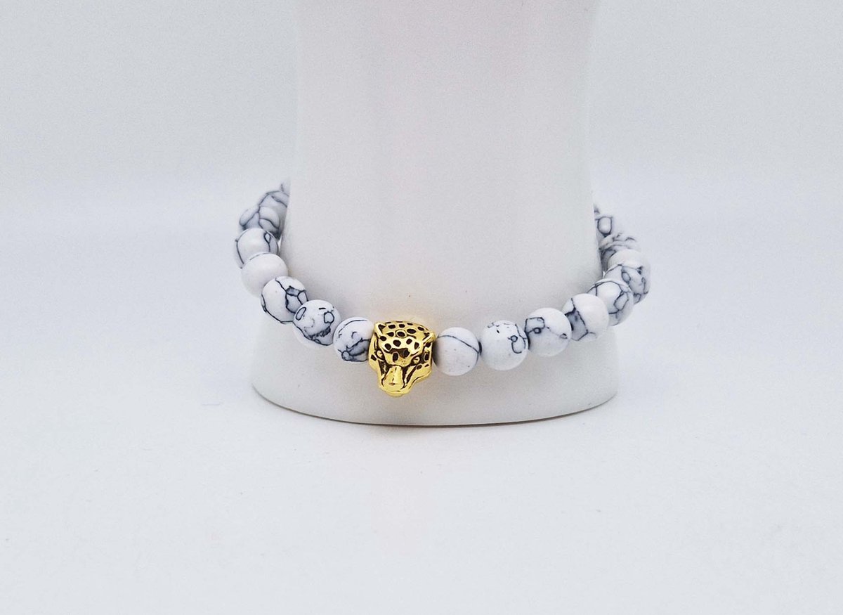 Handgemaakte natuursteen armband met Metalen vorm - Model 2 - "Howlite Wit" -8 mm diameter van de korrel- Diameter armband 20 cm - Een mooi cadeau voor familie en vrienden