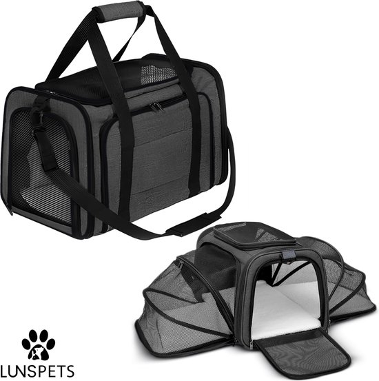 Lunspets Reismand Kat en Hond - Draagtas Hond en Kat - Reistas Kat en Hond - Hondentas - Kattentas - tot 9,5KG - Zwart - 45cm x 30cm x 30cm