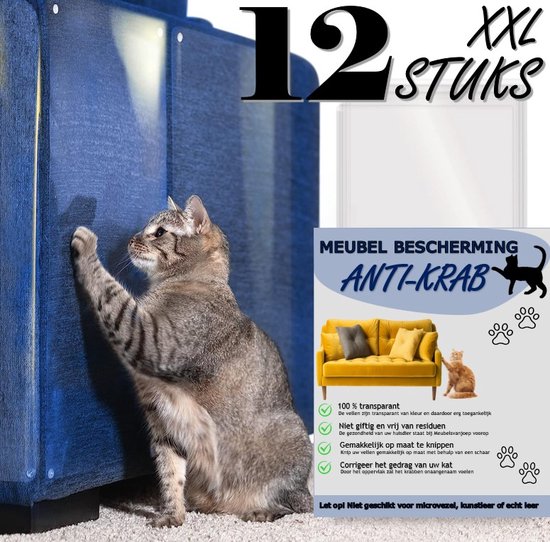Kat krabt aan blauwe bank. XXL Meubelbescherming Anti-Krab vellen, 100% transparant, niet giftig, makkelijk te knippen.