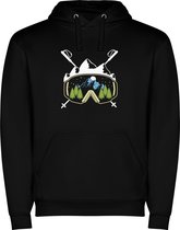 Zwarte unisex hoodie met “ Kleurrijke Ski – Bergen – Skibril – Sneeuw “ Print Full Color Color merk Roly maat S