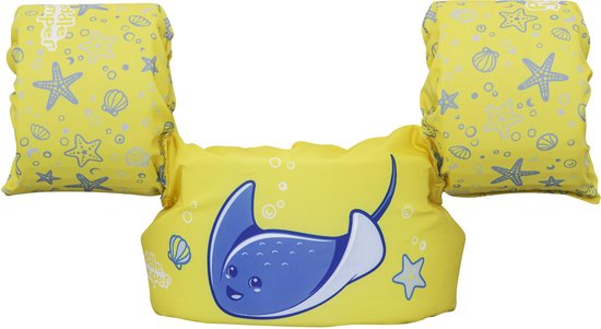 Geel Puddle Jumper zwemvest met blauwe pijlstaartrog en schelpenprint.