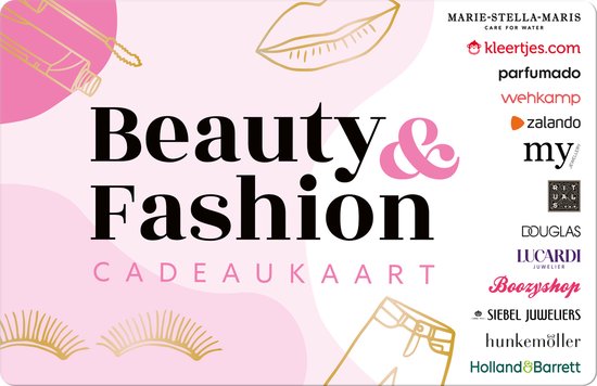 Roze cadeaukaart met 'Beauty & Fashion Cadeaukaart'. Goudkleurige illustraties van wimpers, lippen en kleding. Merkenlijst aan de rechterkant.