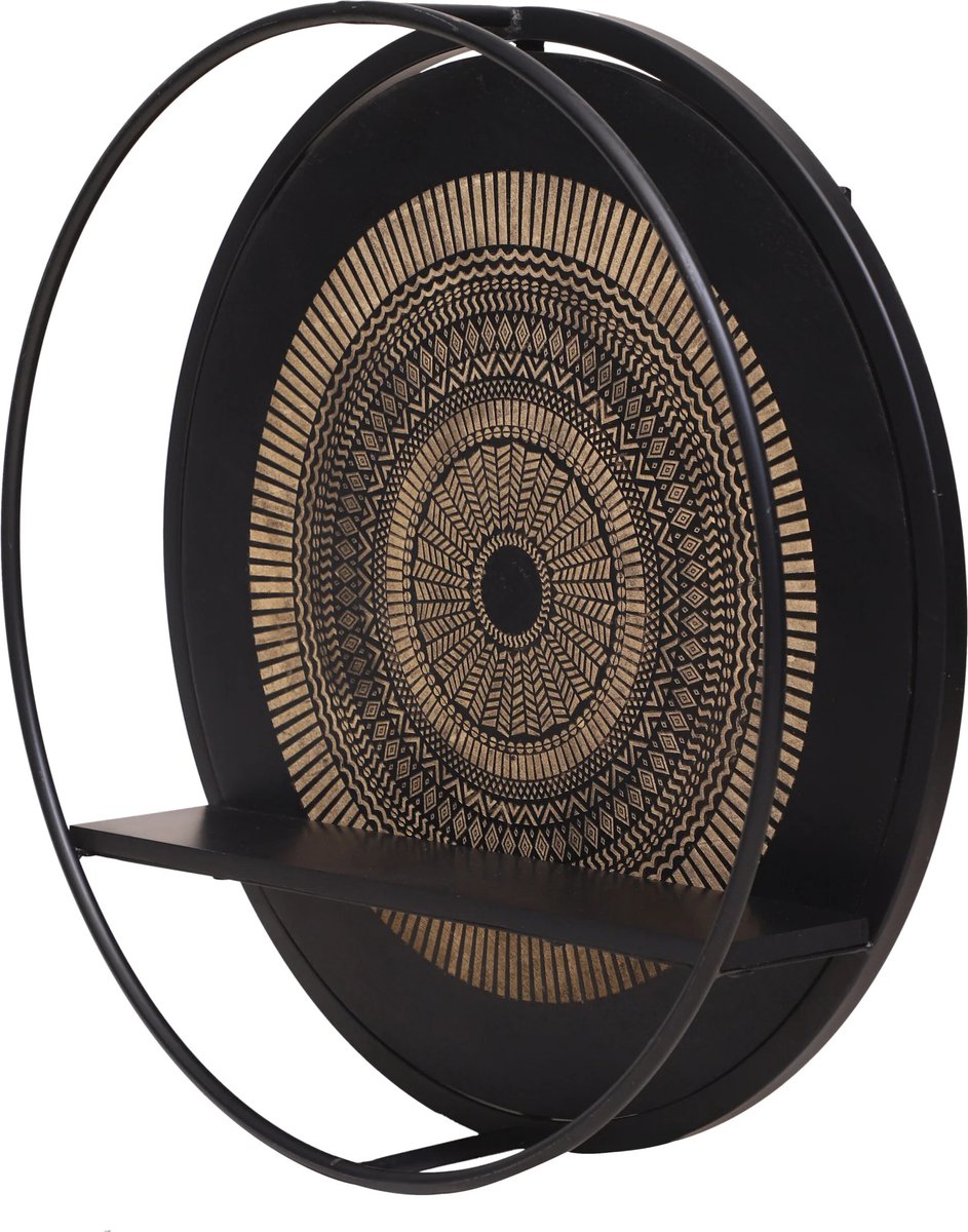Wandrek Rond Zwart Metaal - Wandrek Industrieel Hout - Wandplank zwevend - Fotoplank Wandkast - Keuken / Hal / Woonkamer - Wandrek Hangend - Ø 68 cm - Industrieel Wandrek Rond - Mangohout / Staal