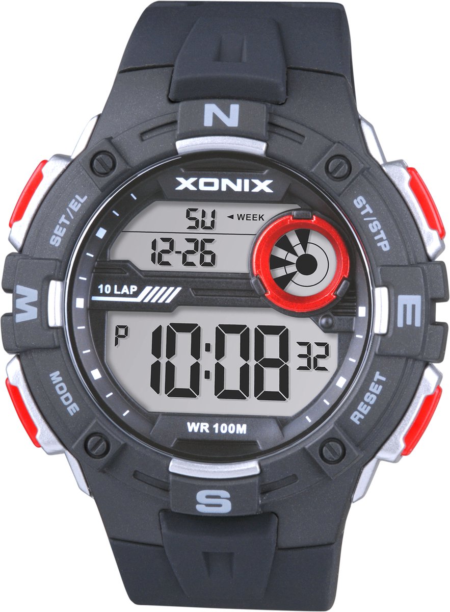 Xonix DAG-A06 - Horloge - Polshorloge - Digitaal - Heren - Mannen - Rond - Siliconen band - ABS-Kunststof - Achtergrondverlichting - Alarm - Start-Stop - Tweede tijdzone - Datumaanduiding - Waterdicht - Zwart - Zilverkleurig - Rood