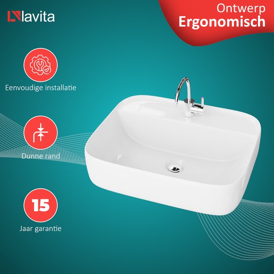LAVITA® Lavabo à poser KARAWELA Lavabo rectangulaire en céramique pour salle de bain et WC invités - 500x400x145 mm - Wit brillant - Lavabo à bord fin - Lavabo en céramique à poser avec trou pour robinetterie et sans trop-plein