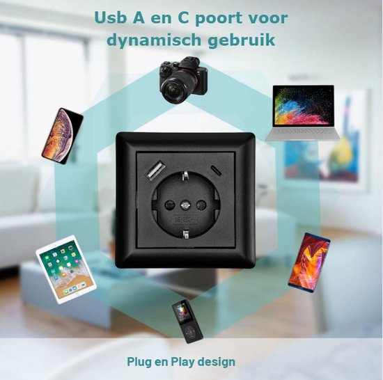 Zwart stopcontact met USB-A en USB-C poorten, omringd door diverse elektronische apparaten.