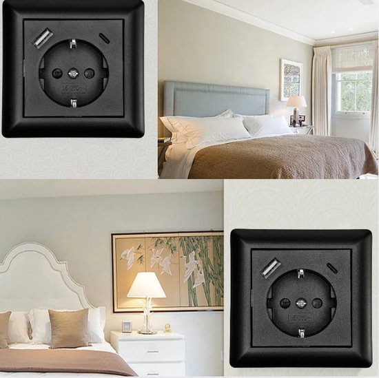 Zwarte wandcontactdoos met USB-A en USB-C poorten in slaapkamer.