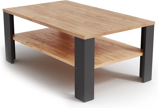 Table basse avec plateau en bois clair, pieds en métal anthracite et une étagère inférieure.