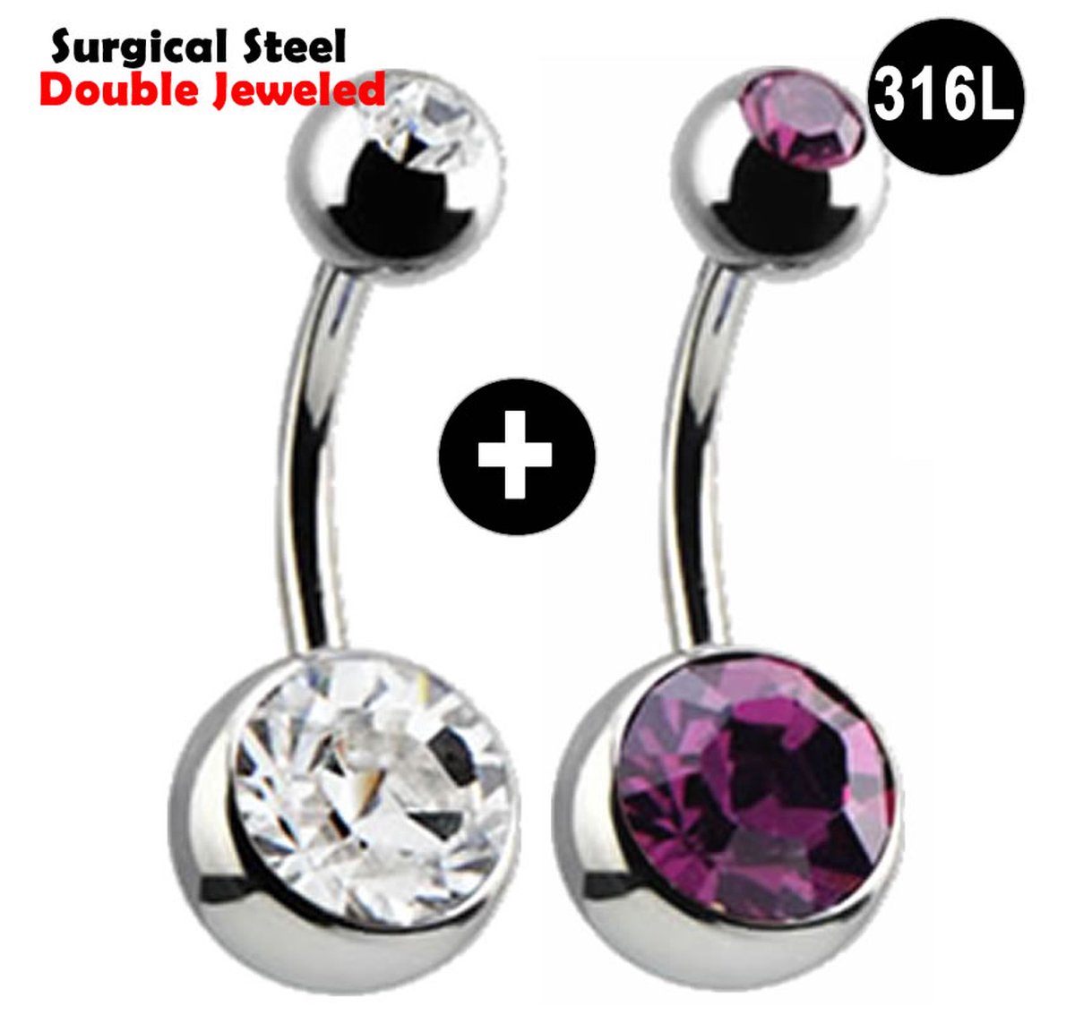 Navelpiercing - Chirurgisch staal - 2 stuks - 1x met Witte zirkonia stenen - 1x met Paarse zirkonia stenen - Double Jeweled