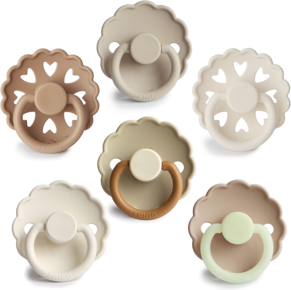 Goedkoopste FRIGG Fopspeen set 6 stuks - SILICONEN - Maat 1 - 0-6 maanden - 6 pack Creme