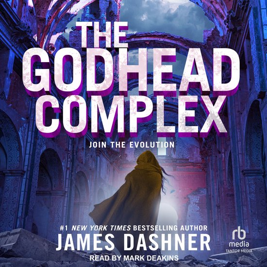 De cover van 'The Godhead Complex' met de titel groot in paars met witte letters, een figuur in een bruine mantel die wegloopt in een vervallen gebouw.