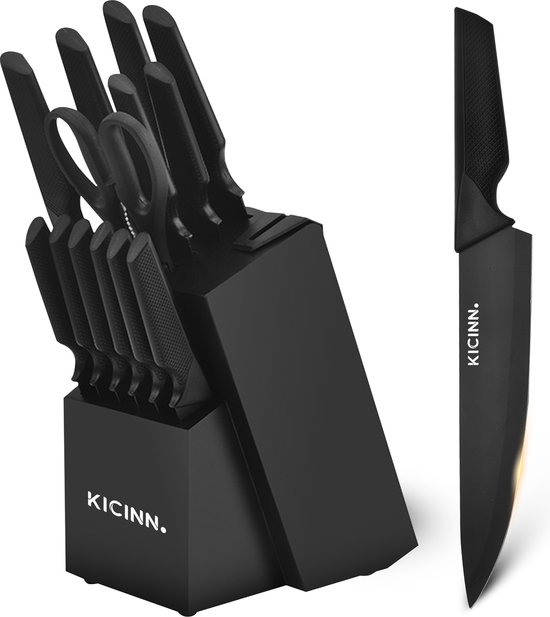 Kicinn Messenset - Messenblok - Keukengerei - Messenhouder - 14 Delig - Inclusief Schaar en Messenslijper - Zwart