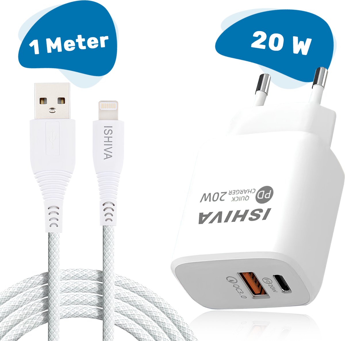 ISHIVA USB C Adapter Oplader USB stekker - Lightning USB Kabel - 20W Snellader - Oplader - 2 jaar Garantie - Wit - 1 meter
