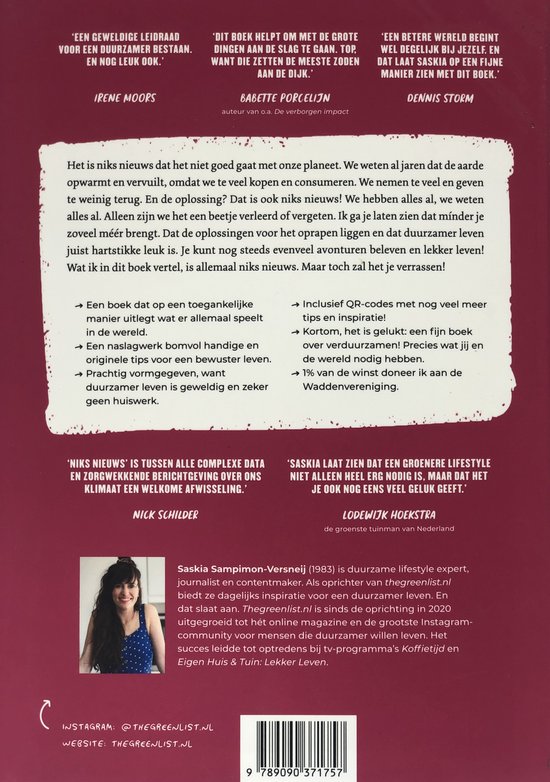 Boek met tekst over een duurzamer leven en een foto van Saskia Sampimon-Versneij.