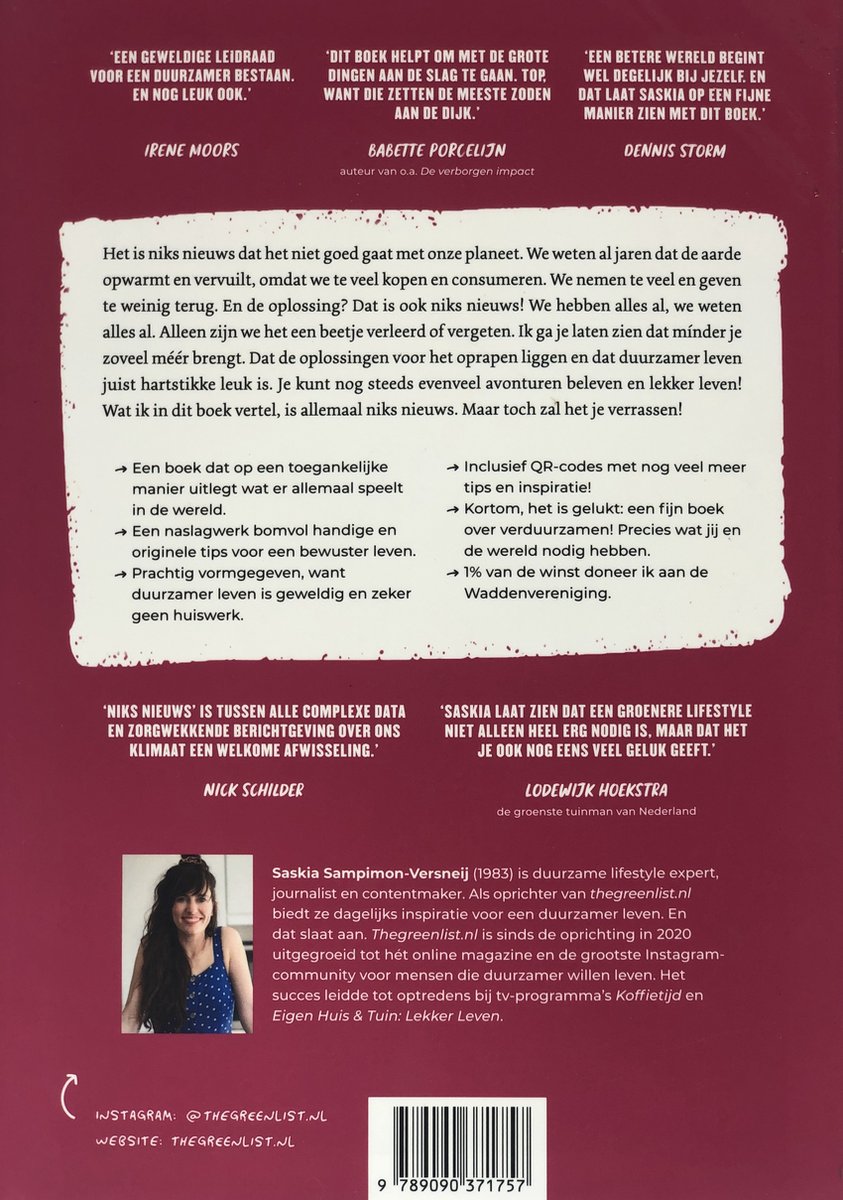 Boek met tekst over een duurzamer leven en een foto van Saskia Sampimon-Versneij.