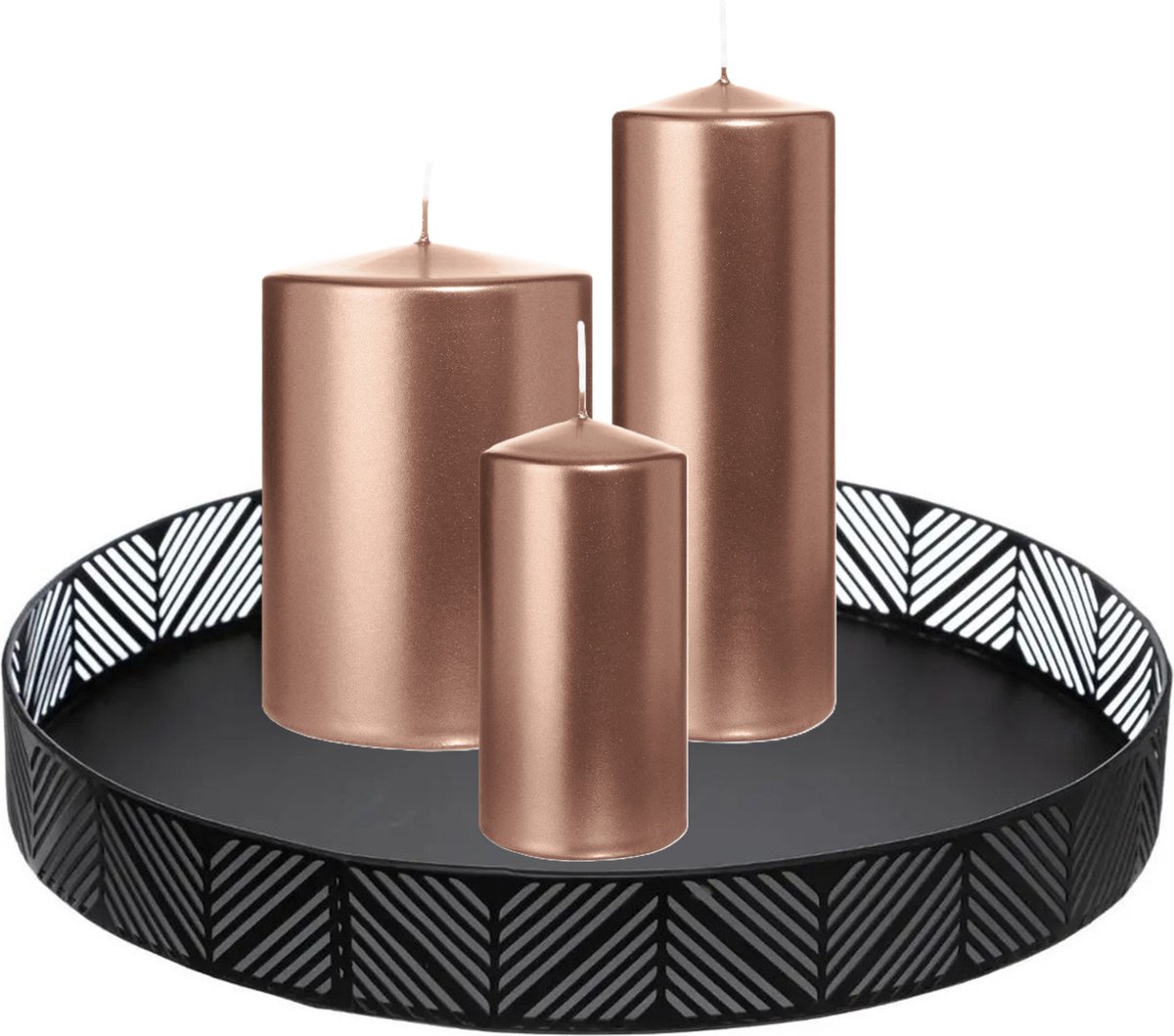 Wiedemann Cilinderkaarsen - stompkaarsen set - op zwart dienblad van metaal - 3x stuks - rose goud - 6 x 12 - 10x15 - 7x20 cm