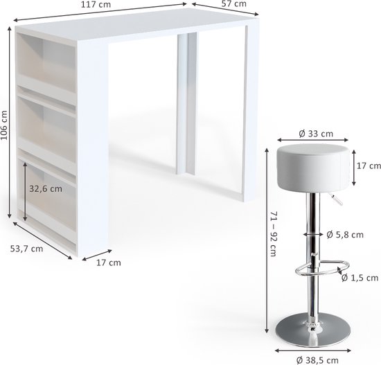 Vicco Bartafel set – 57 x 117 cm met 2 barkrukken Wit
